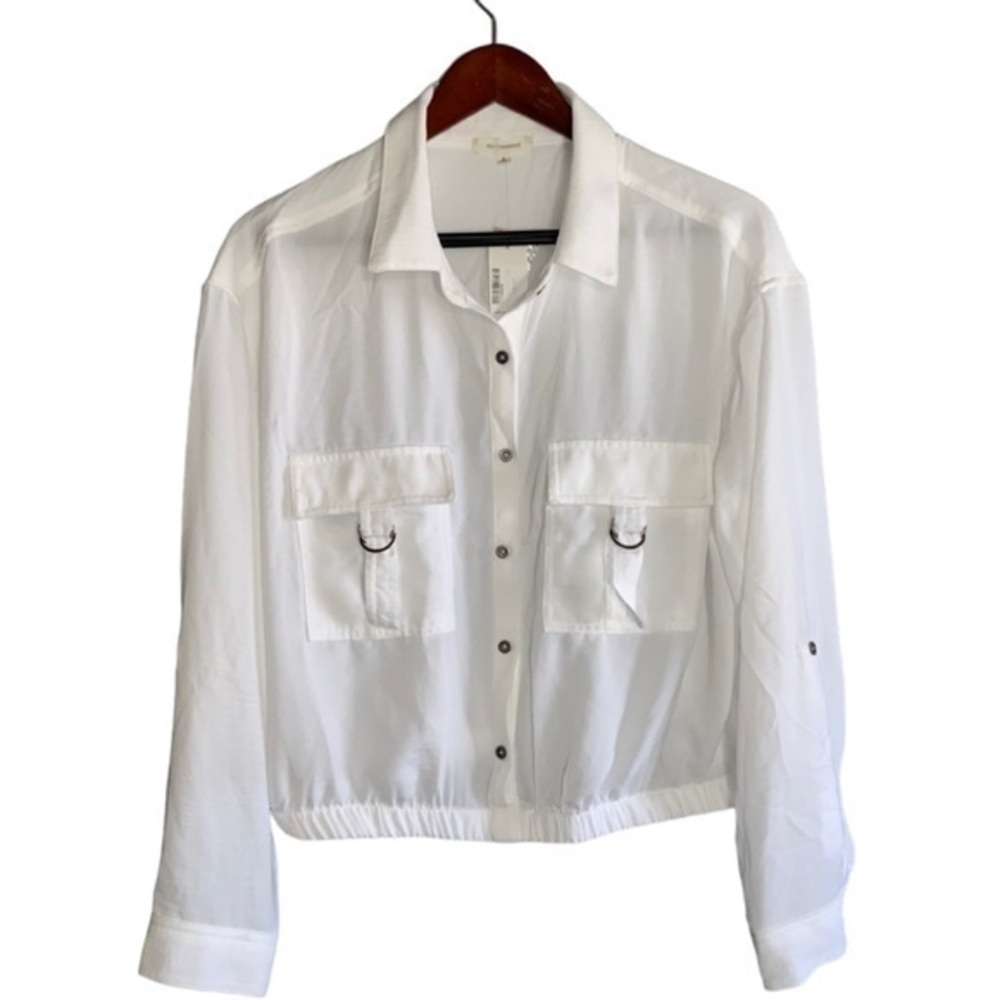 No Comment White Pullover Button Front Elastic Waist Long Tab Sleeves XL NWT